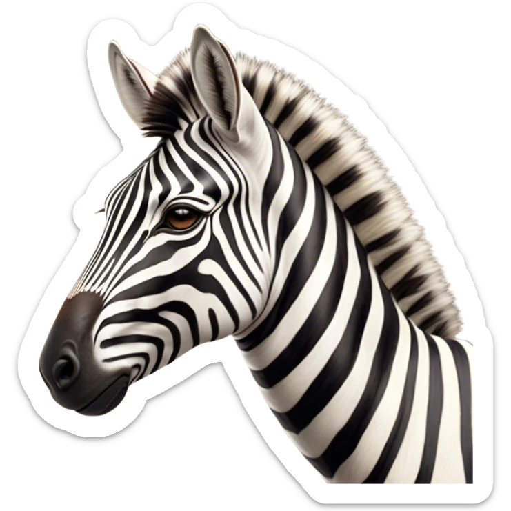 Cinematic Noble Zebra Portrait Emoji, Poised and regal, with a lean, elegant build and a striking Fur of bold black and white stripes, deep-set soulful piercing eyes, Simplified yet sharp and sophisticated features, highly detailed, glowing with a soft, dignified glow, high shine, intelligent and graceful, stylized with an air of savannah chic, focused and attentive, soft glowing outline, capturing the essence of a watchful and confident equine, so majestic it feels as though it could gallop out of the screen with effortless authority! sticker
