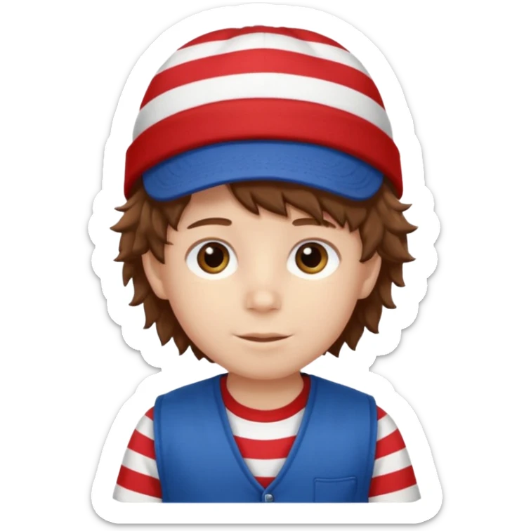 brown fluffy hair kid with blue and white hat dark blue jilet red t shirt sticker