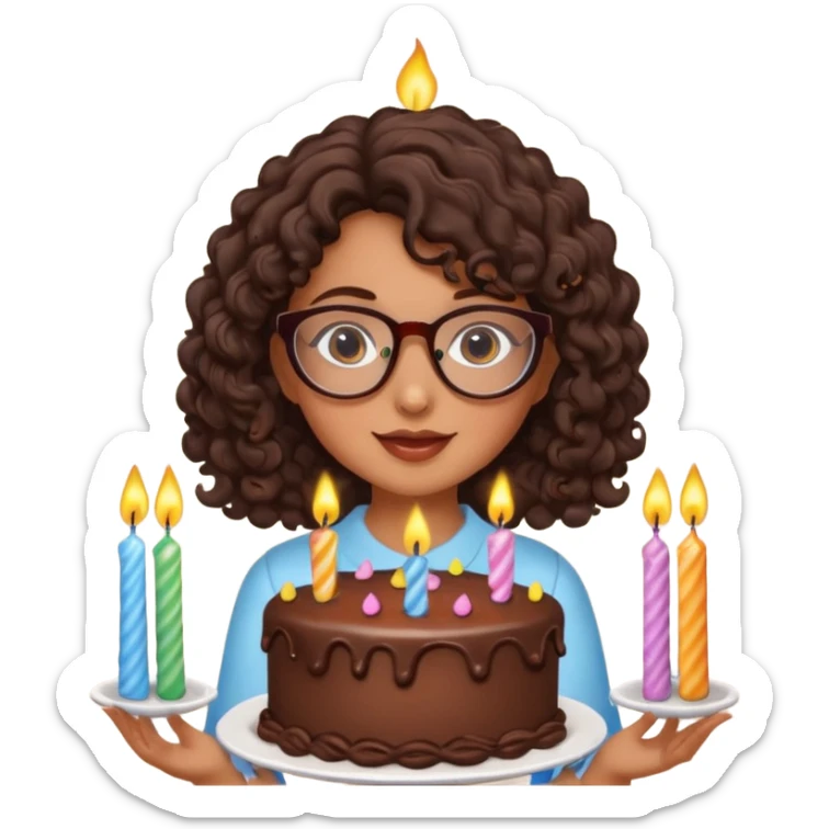 Tanned girl with dark brown curly hair wearing glasses with a cute birthday cake  sticker