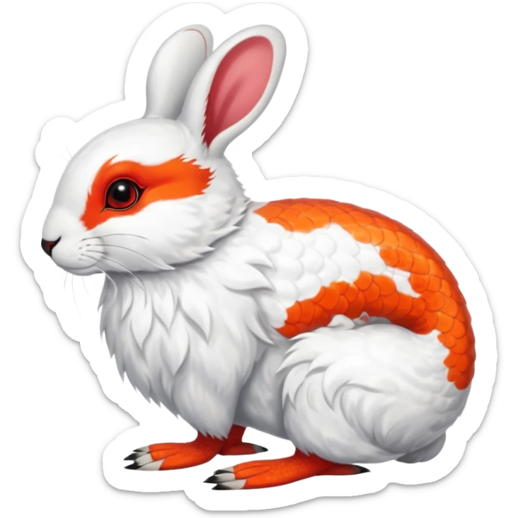 Rock Ptarmigan-Snowshoe-Hare-Koi-Fish-Animal-hybrid, full body, with red marking over eye sticker