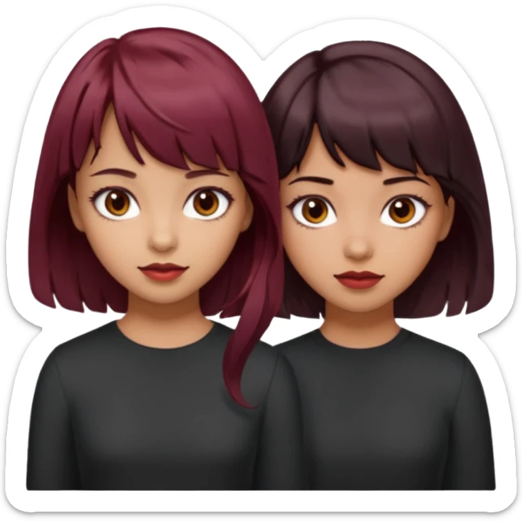 2 girls both tan skin. One with short length wavy burgundy hair, bangs and brown eyes, the other with medium length black hair with brown eyes  sticker