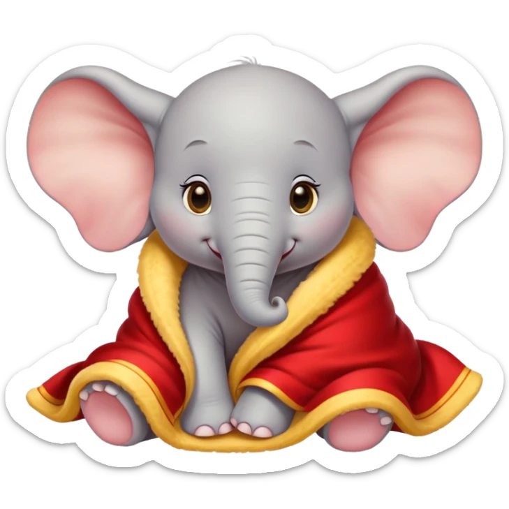 baby white dumbo elephant (disney-style), cozy in a red and yellow blanket sticker