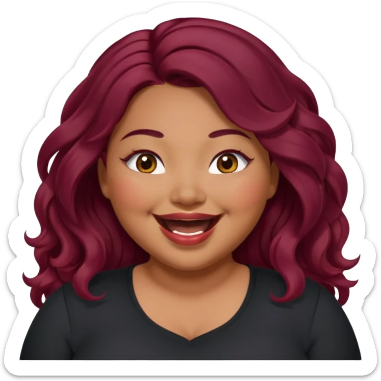 Plus size red hair brown face small eyes long hair Asian eyes small eyes wavy hair eye lashes burgundy hair black shirt laughing  sticker