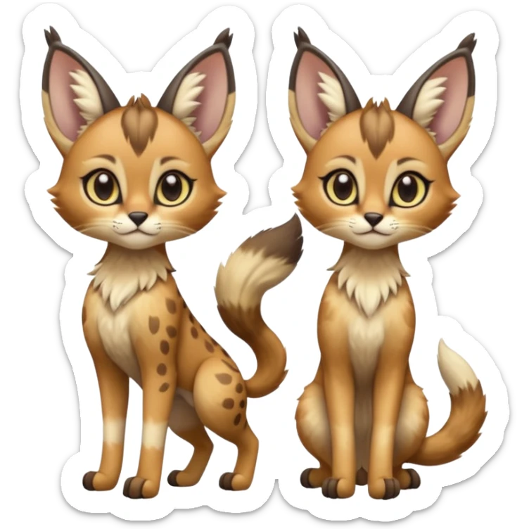 Big-eared big-eyed cute realistic animalistic feral digitigrade 4-legged anime-styled Meloetta-Caracal-Trico-Vernid-Sergal-Serval-hybrid-fusion-creature-animal, full body sticker