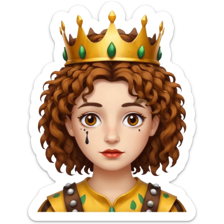 portrait woman short curly brown mullet hair brown eyes white skin with paint smeared cheeks and beetle crown sticker