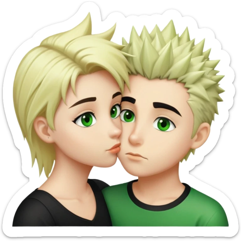 A blonde girl with green eyes kissing a boy with fair skin and black hair with a hairstyle that stands up and green eyes sticker
