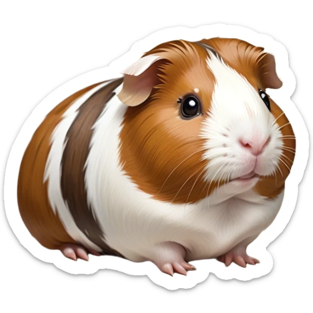 Cinematic Noble Brown and White Banded Guinea Pig Portrait Emoji, Poised and regal, with a compact, chubby build and a uniquely patterned fur of warm brown and crisp white banding, deep-set soulful dark eyes, Simplified yet sharp and sophisticated features, highly detailed, glowing with a soft, dignified glow, high shine, intelligent and charming, stylized with an air of distinctive elegance, focused and attentive, soft glowing outline, capturing the essence of a watchful and confident companion, so majestic it feels as though it could scurry out of the screen with effortless authority! sticker