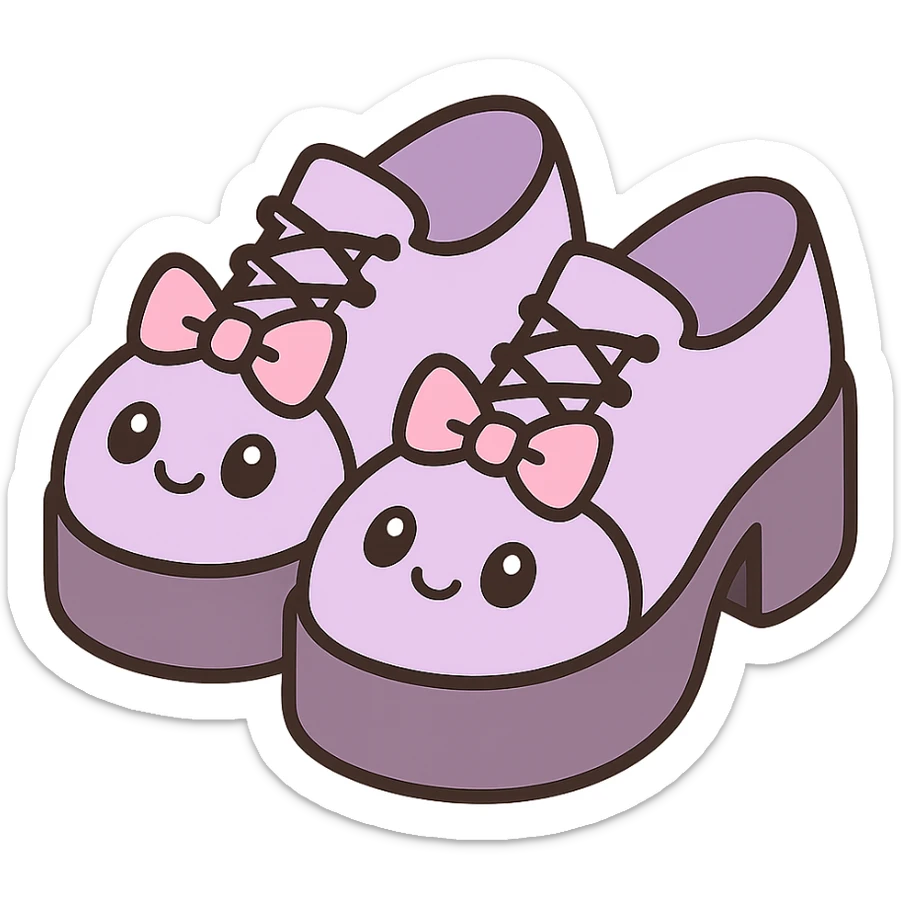 Make the shoes pastel purple with black and pink accents, kawaii style, no socks, no hearts, transparent background sticker