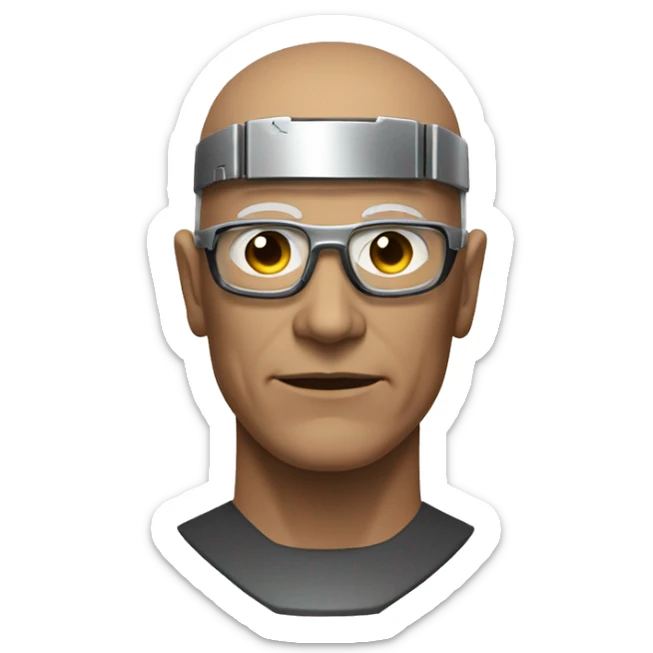 Older Male cyborg head with metallic plated face, brown flat top haircut, glasses and circuitry sticker