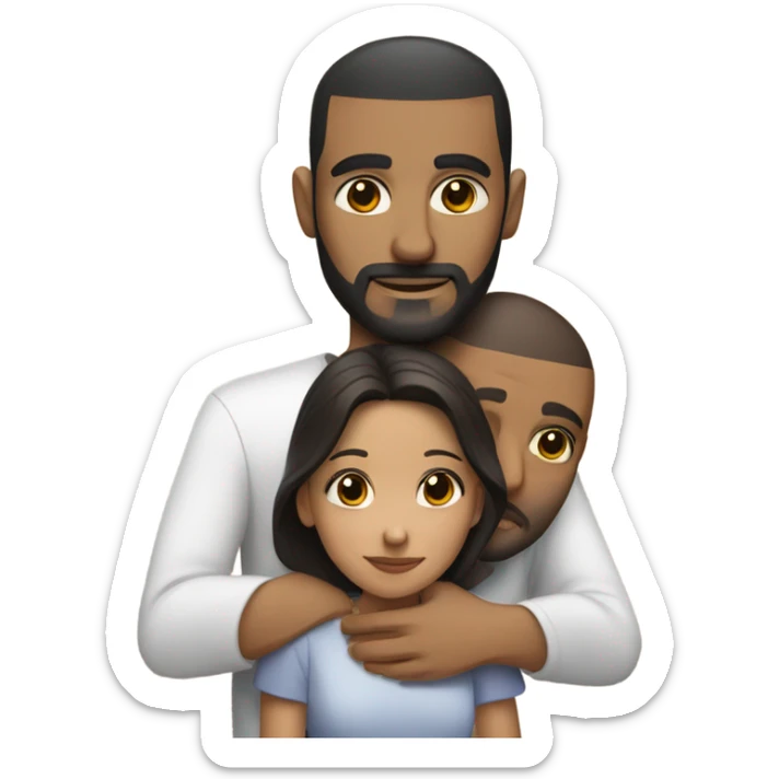 Comforting hug from brunette Puerto Rican with dark brown eyes to short, bald man with brown eyes and a beard sticker