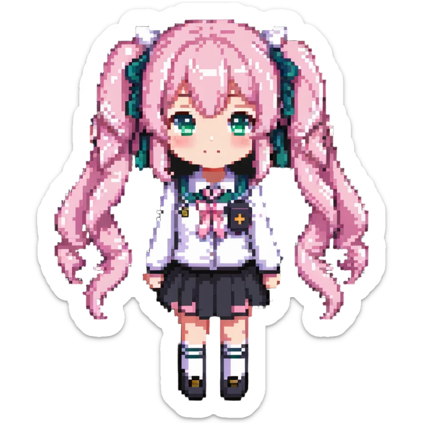 Pixel art anime girl with pink twin tails and school uniform, cute chibi style sticker