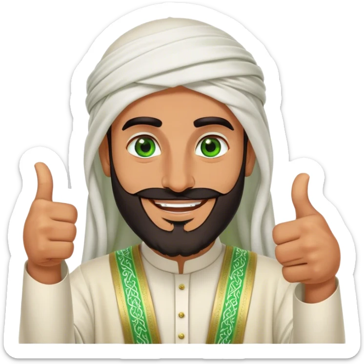 "Tanned Arab Saudi man with green eyes and a beard, wearing an agal and traditional attire, smiling happily and giving a big thumbs-up sticker