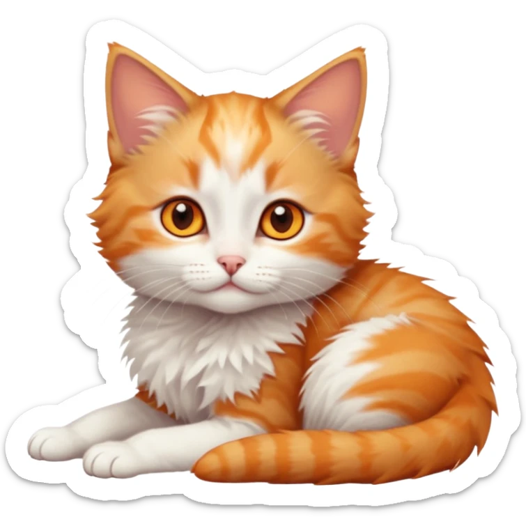 full body of very small + skinny ginger and white kitten with deep orange eyes and triangular shaped face lying down sticker