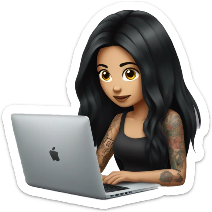 beautiful girl with tattoos, with long black hair, typing on laptop sticker