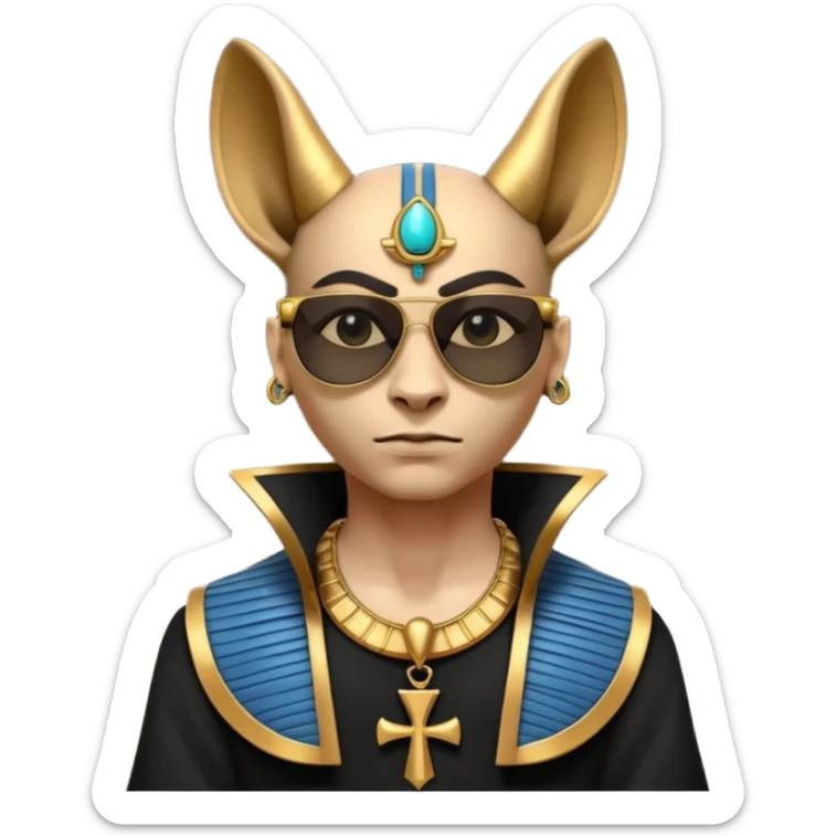 3D cartoon horned character portrait, wearing sunglasses, gothic ancient Egyptian style, pharaoh collar, dark gold and black outfit, ankh symbols, Egyptian jewelry, mysterious expression, soft dramatic lighting, centered, clean background, no text, no watermark sticker