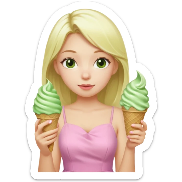 girl blonde long hair in pink dress,  eating matcha ice cream sticker