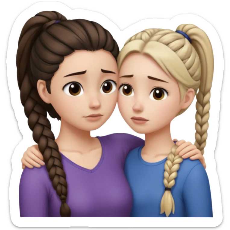 Comforting Hug two white skin women, one shorter woman with medium brown simple top ponytail, not braided, and one taller skinny sad face woman with a single long black side braid sticker