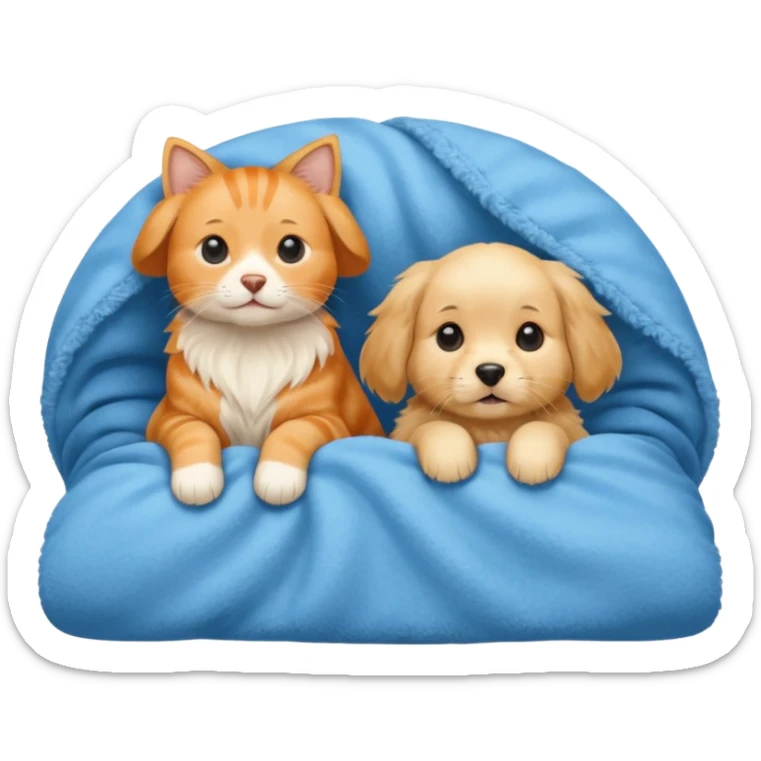An Orange cat and an English cream retriever dog in a blue blanket  sticker