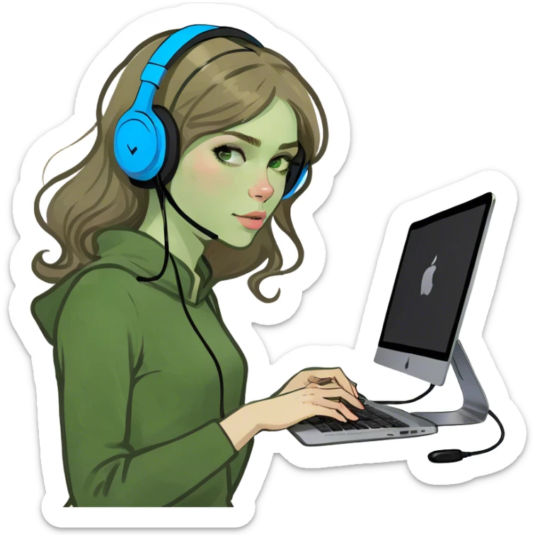 Pale skin girl with blue eyes, and dark blonde hair working with Mac  sticker