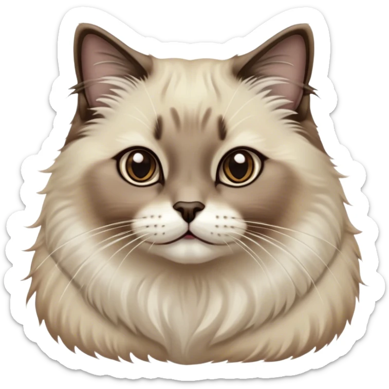 Cinematic Adorable Fluffy Brown Seal Ragdoll Cat Portrait Emoji, Head tilted elegantly with big, sparkling eyes, soft brown fur with darker seal points on the ears, face, and paws, Simplified yet regal features, highly detailed, glowing with a soft, warm glow, high shine, affectionate and playful, stylized with a touch of grace, bright and endearing, soft glowing outline, capturing the essence of a majestic and loving kitty, so elegant it feels like it could spring into motion with a regal leap! sticker