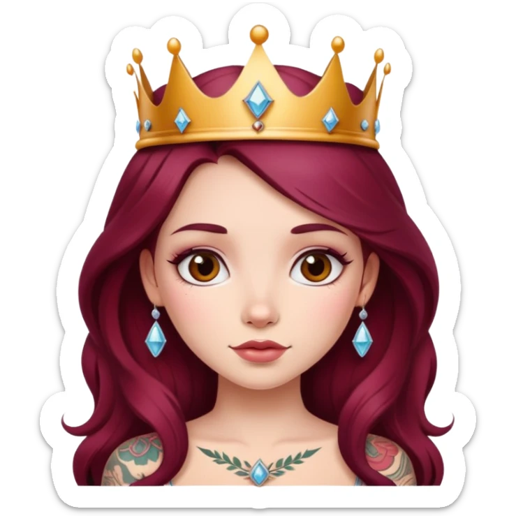 Beautiful tattooed long burgundy haired girl wearing a princess crown sticker