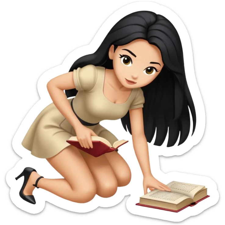 Bimbo in heels, mini dress, long black hair tanned, hot, bending to pick up book from ground, hot,  only book.  sticker