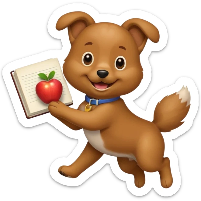 playful dog jumping with a piece of homework, apple style emoji sticker