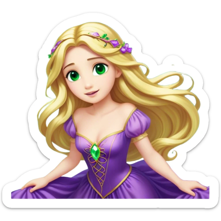 Cinematic Stunning Rapunzel Portrait Emoji, Golden hair cascading in a luminous waterfall, big emerald-green eyes full of wonder, wearing her iconic purple gown, radiating beauty and magic, glowing with fairy-tale charm! sticker