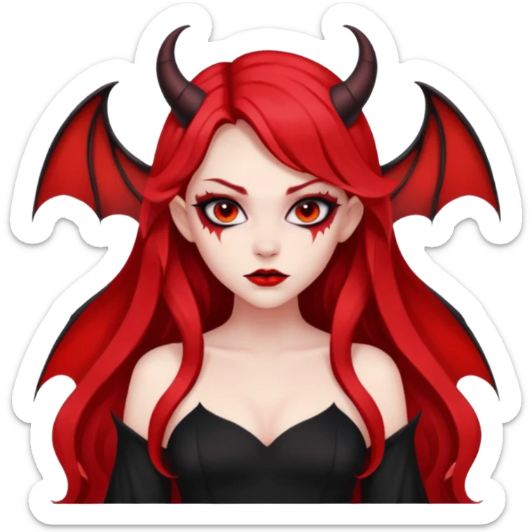 demon girl, skin red , black long hair, small horns, bat wing, black open-back dress, bold black outlines, red+black palette sticker