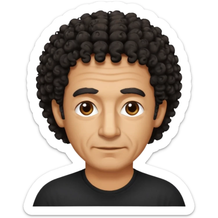 60 year old Greek man with short black curly frizzy think hair that sticks up and has a black shirt sticker