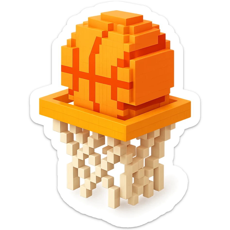 A voxel-style basketball in a net, monochromatic and sleek sticker