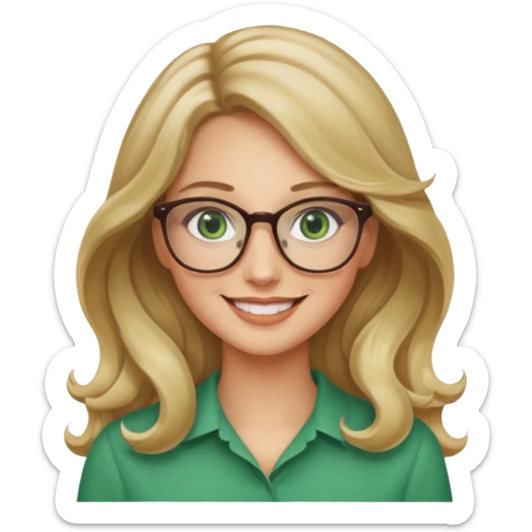 long wavy darker blonde hair woman with green eyes and glasses smiling sticker