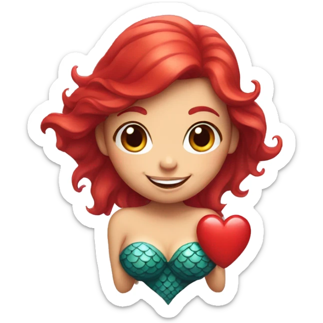 mermaid with red hair smiles and holds a heart in her hands sticker