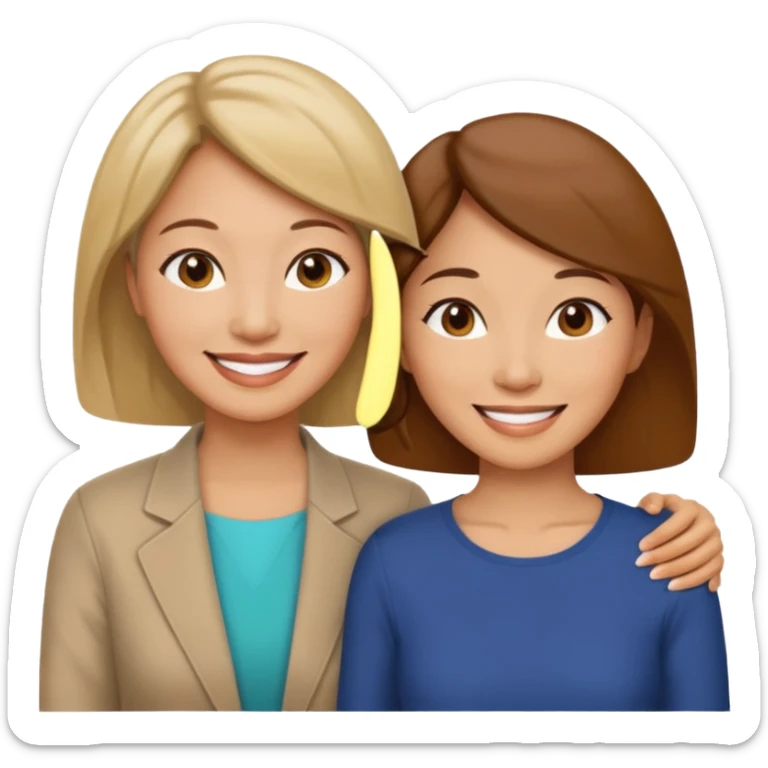 Middle aged light brown skinned woman beside a middle aged asian woman smiling looking young sticker