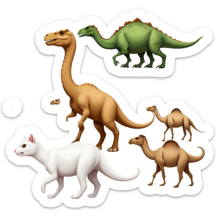 A white cat chasing a T-Rex in the desert with a herd of camels staring at them sticker