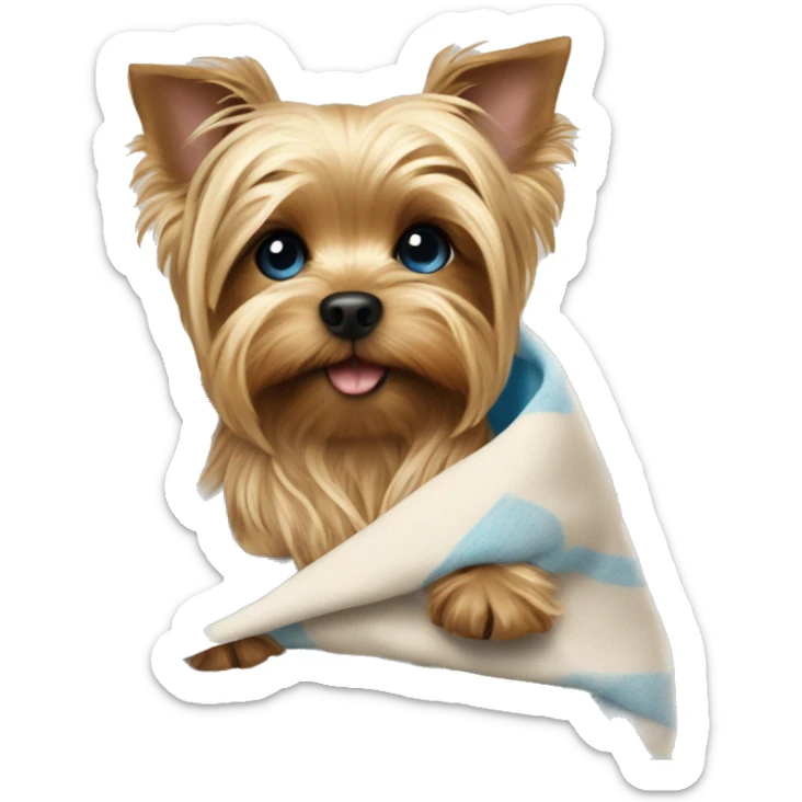 A yorkie puppy wrapped In a blanket held by a blonde haired blue eyed woman sticker