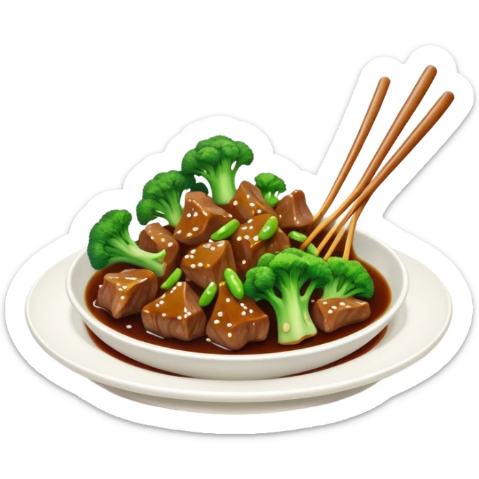 Beef with Broccoli in oyster sauce, simplified emoji style with bold outlines and bright colors, cartoon style stir fried Xi Lan Hua Niu Rou sticker