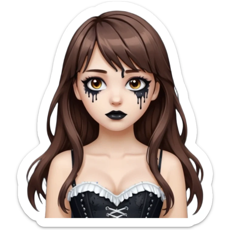 white girl, brown hair, bangs and long hair, dark makeup. Detailed corset top with white paint dripping,  sticker