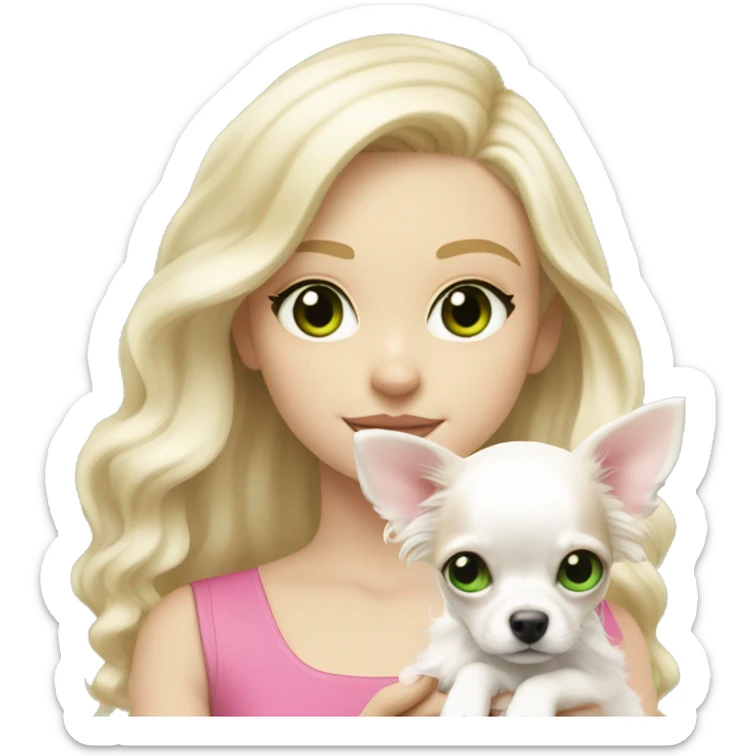 pale blond girl with wavy long platinum hair with green eyes holding a white chihuahua puppy that wearing a pink bow sticker
