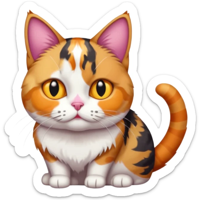 full body colourful calico tabby cat with skinny head and fat body with an anxious face sticker