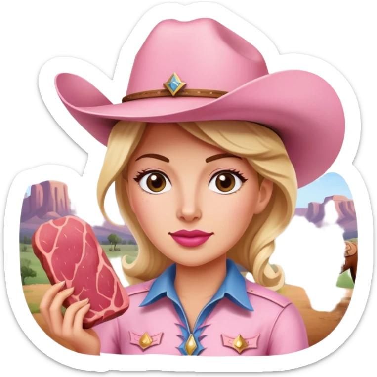 a pink cowgirl painting a SPAM meat portrait landscape  sticker