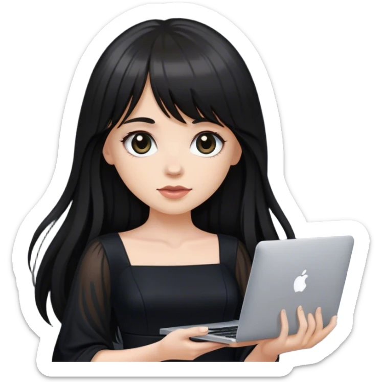 Beautiful white girl, with dark very long hair with bang, wearing black dress, holding MacBook  sticker