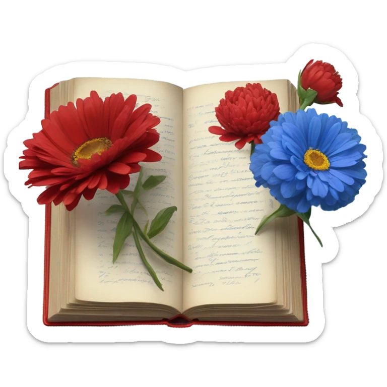Aesthetic red vintage style book and a bouquet of red daisies and blue peonies in a blue glass vase  sticker