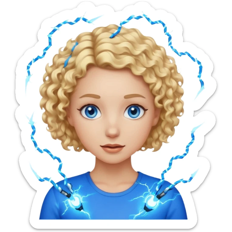 a woman with short curly blonde hair, blue eyes, blue electricity crackling around her, cute and bold, emoji style sticker