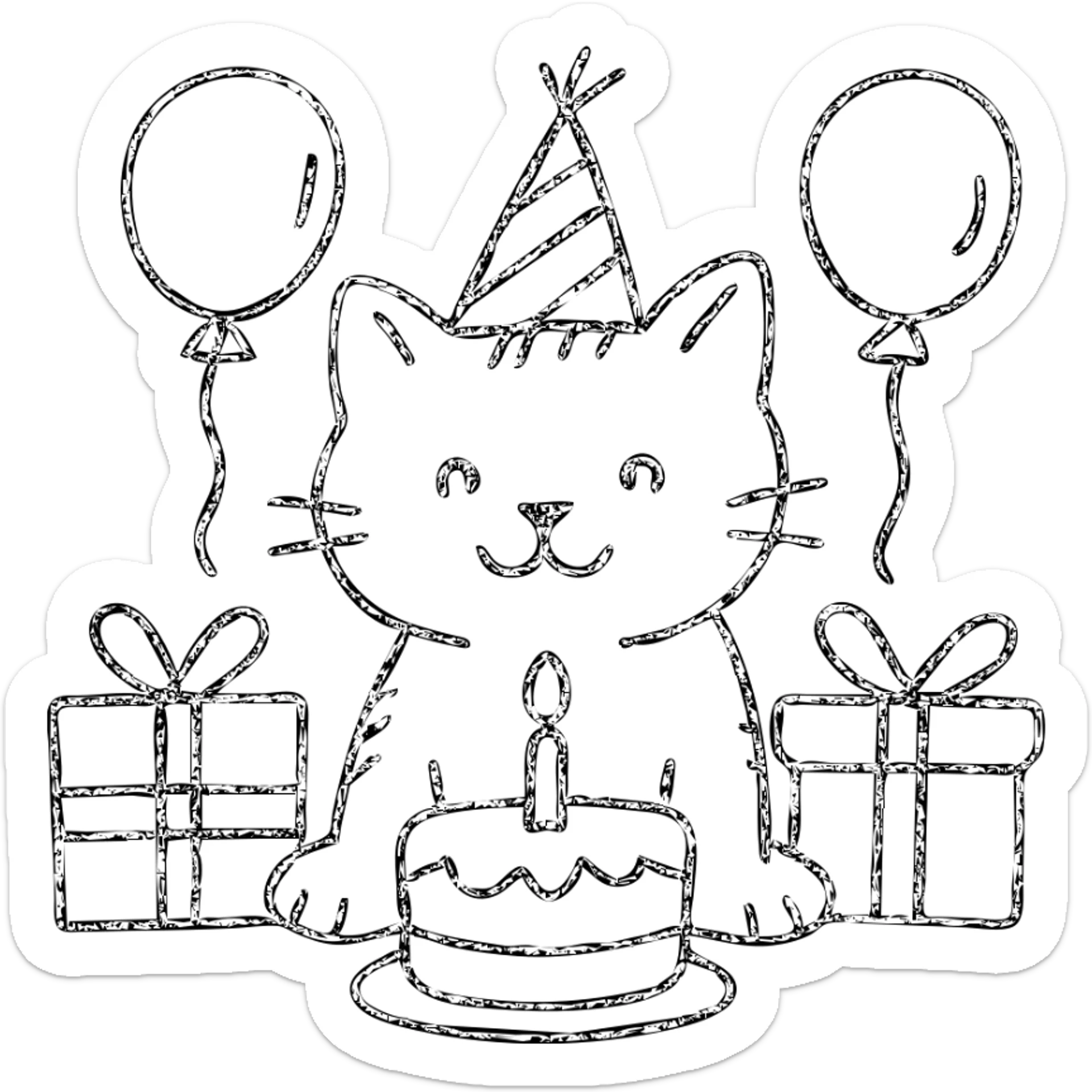 outlined icon of a kitten with a birthday hat, surrounded by balloons and presents, smiling, with a birthday cake sticker