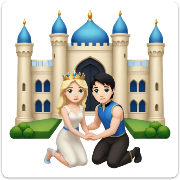 Man as prince, black Hair, blue eyes, woman, blonde, green eyes, shott white sleveless Dress, kneeling, background palace sticker