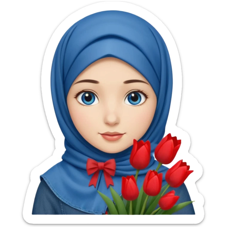 Turkish beautiful finish Konya girl blue eyes with denim bow hijab islamic dress and had on her hand red tulips  sticker