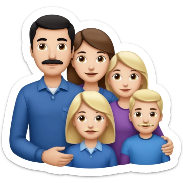 Mom with brown hair. Dad with black hair and mustache. 2 sons with blonde hair. 1 daughter with blonde hair. sticker