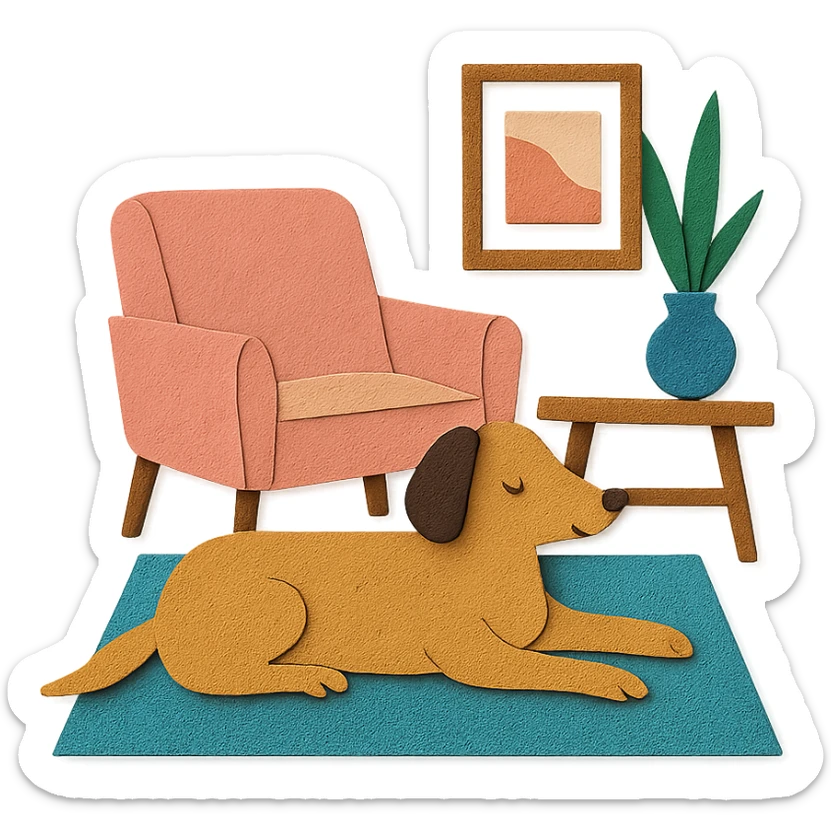 a dog lounging in a stylish room, paper craft style sticker