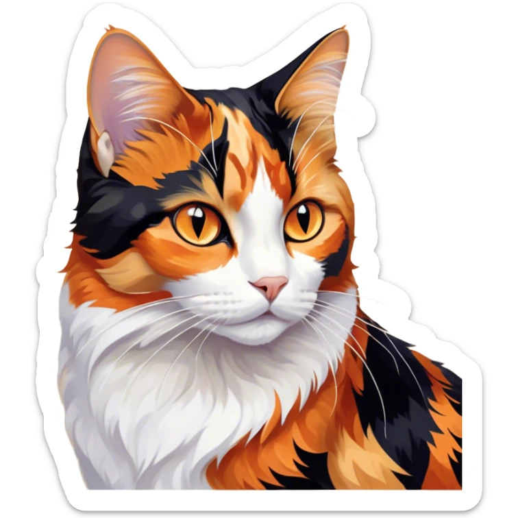 Cinematic Noble Calico Cat Portrait Emoji, Poised and regal, with a striking patchwork fur in vibrant orange, black, and white hues, delicate whiskers and a refined, focused gaze, simplified yet exquisitely detailed, glowing with a soft, moonlit radiance and an air of aristocratic elegance, high shine, exuding dignified intelligence and poised authority, soft glowing outline, capturing the essence of a watchful and noble calico cat that appears ready to grace the screen with effortless majesty! sticker